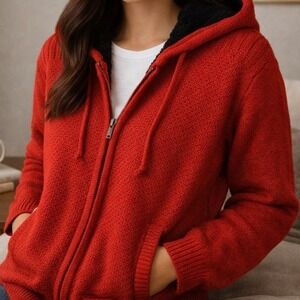 Knit Faux Fur Lined Zip Hoodie Sweater L Red Soft Cozy Fleece Lined Jacket USA